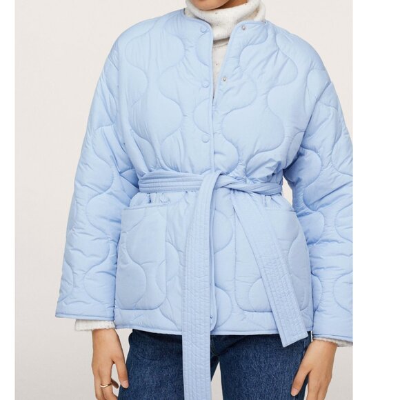 Mango Jackets & Blazers - NWOT Mango Belt Quilted Coat in Sky Blue -- Size XS